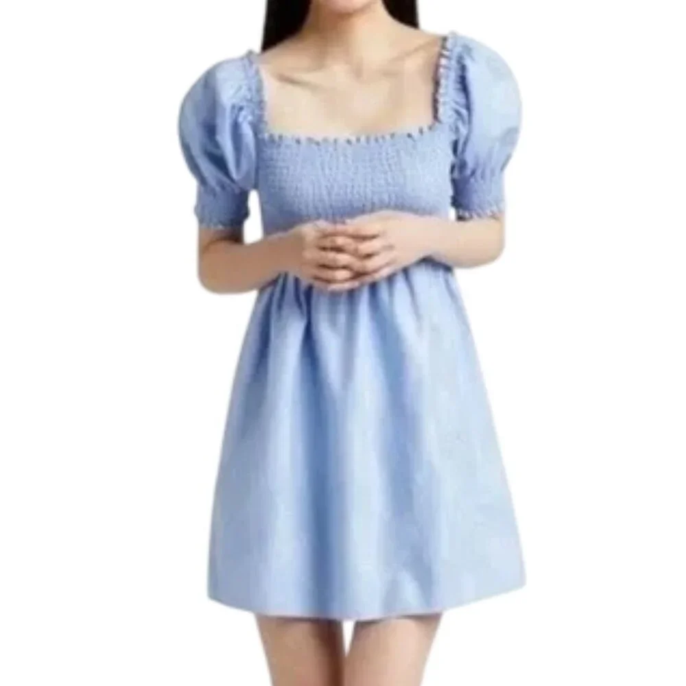 HILL HOUSE Mini Dress, S, Athena Nap, Powder Blue/Silver check, Smocking A-line - Picture 13 of 13
